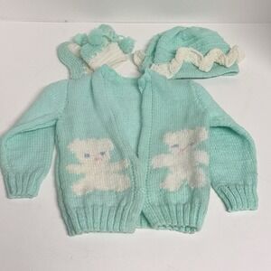 Vintage Hand Knit Newborn Layette Set Outfit Teddy Bear Sweater Hat Booties READ